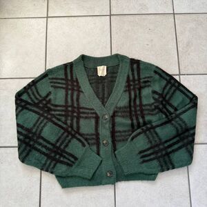 Harper Heritage Green Plaid Cropped Cardigan Button Front Knit Sweater L